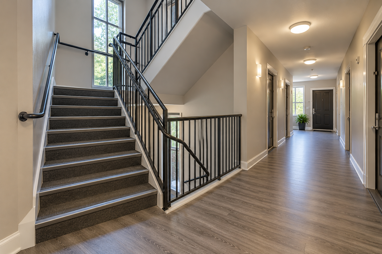 Clean apartment common area hallway and staircase